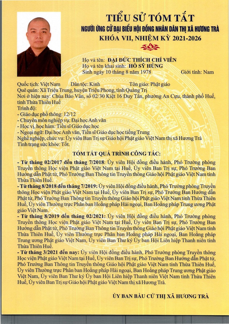 Tiểu sử và chương trình hành động của ông Hồ Sỹ Hùng(Đại đức Thích Chí Viên), ứng cử Đại biểu HĐND thị xã khóa VII, nhiệm kỳ 2021 - 2026